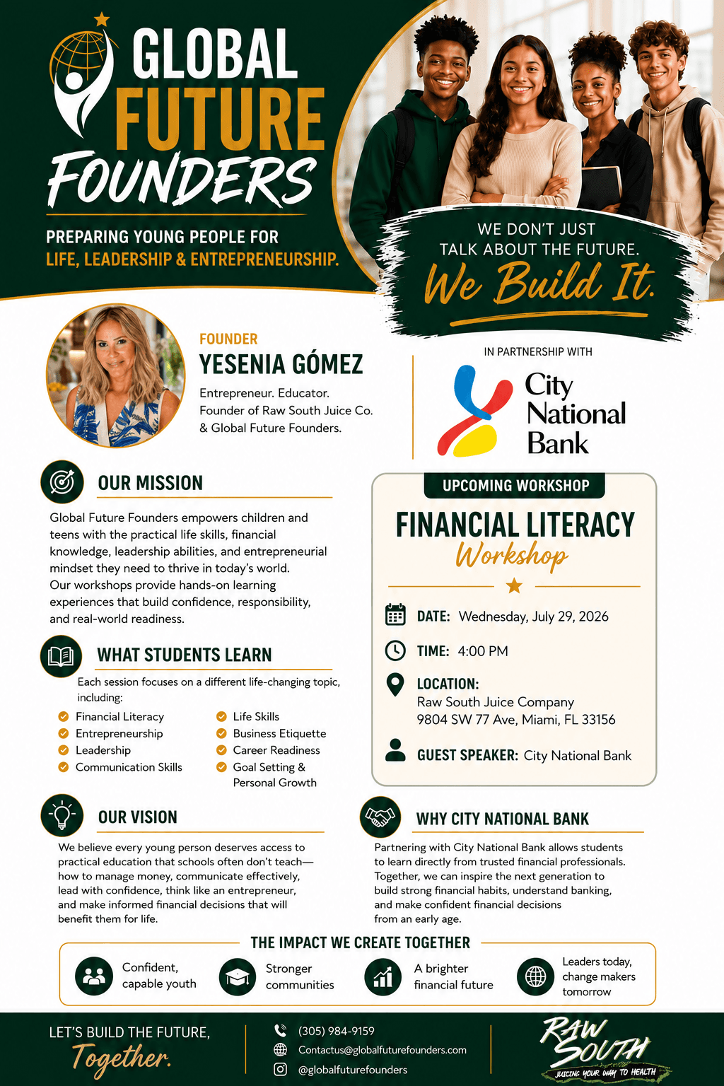 Past Global Future Founders financial literacy workshop flyer created in partnership with City National Bank