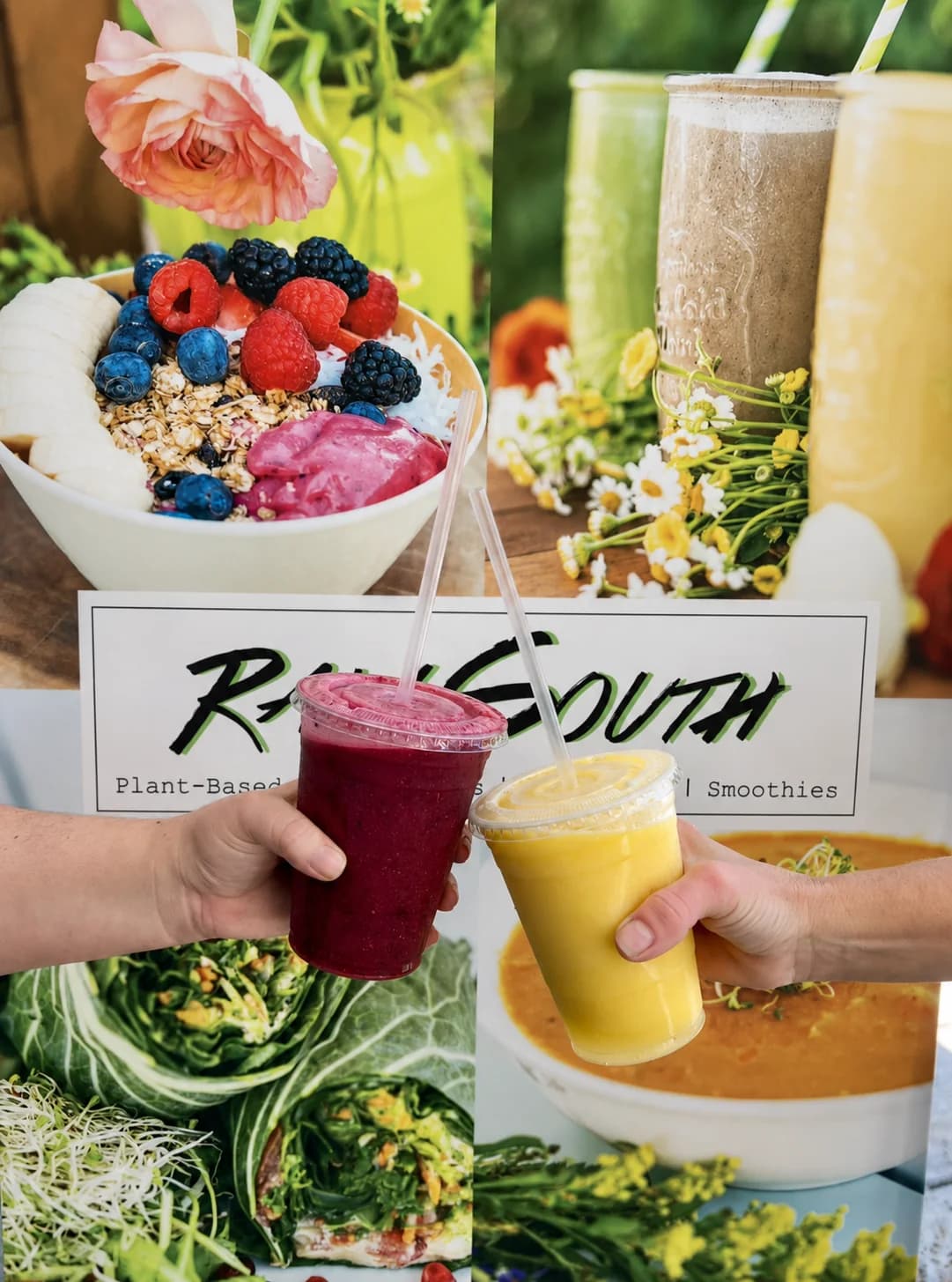 Fresh Raw South smoothies served in clear cups.